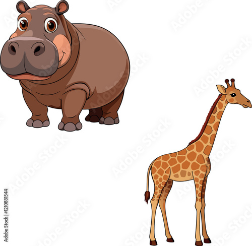 Smiling hippopotamus and standing giraffe cartoon illustration