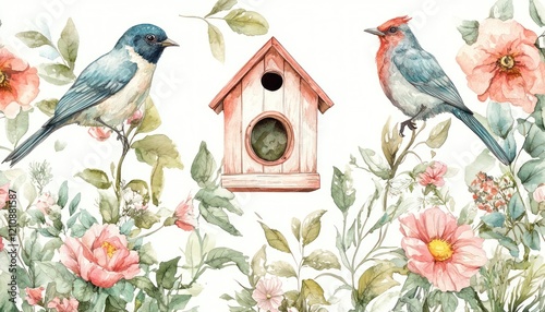 Fototapeta Naklejka Na Ścianę i Meble -  Detailed watercolor renderings vintage birdhouses surrounded by garden flowers and foliage.