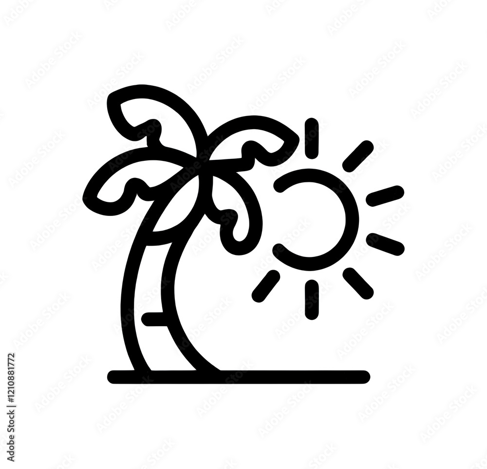 Icon of a coconut tree and a sun on transparent background PNG, vacation and travel concept Icon of a coconut tree and a sun on transparent background PNG, vacation and travel concept