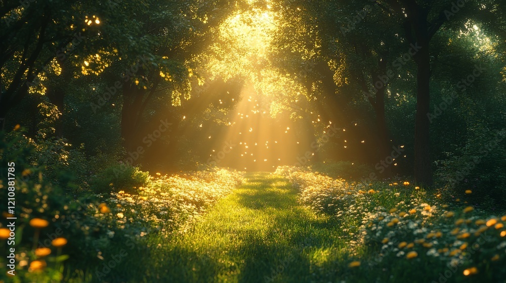 Enchanted Forest Path: Sunlight Illuminating Tranquil Nature Scene, Dreamy Serenity in Woodland Trail Enchanted Forest Path: Sunlight Illuminating Tranquil Nature Scene, Dreamy Serenity in Woodland Trail