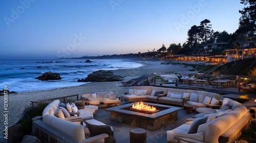 Coastal fire pit lounge, ocean sunset, resort relaxation