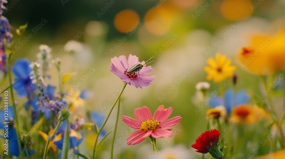 Beetle on cosmos flower in vibrant garden; blurred background; nature photography Beetle on cosmos flower in vibrant garden; blurred background; nature photography