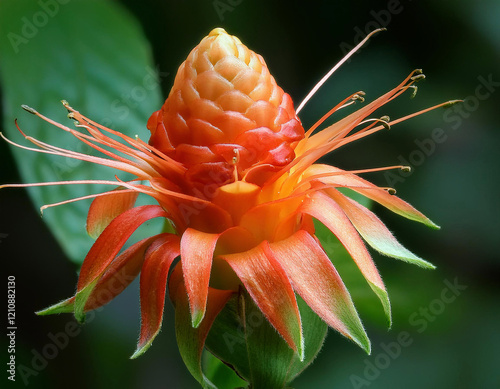 A striking red and orange beehive ginger flower displays its exotic spiral pattern and spiky petals against lush green foliage.