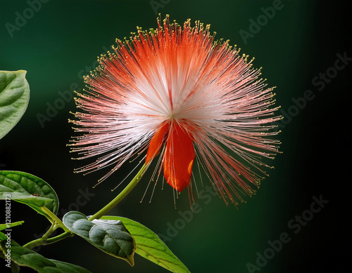 A delicate powder puff flower displays its vibrant coral-pink filaments in a spherical bloom against dark green foliage.