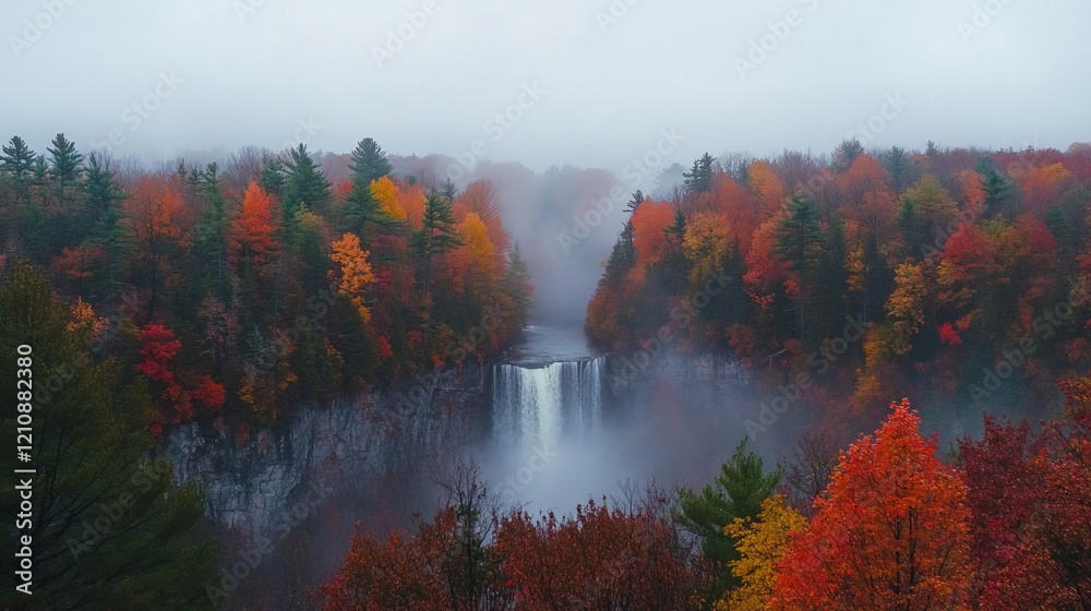 Fototapeta premium Autumn Waterfall Mist Forest Landscape, Aerial View