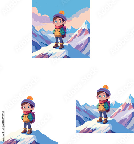 Young hiker conquering snowy mountain peak, achieving hiking goals