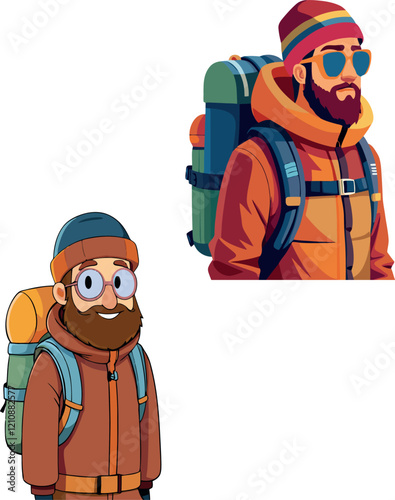 Two male hikers wearing backpacks and winter clothes are ready for their next adventure