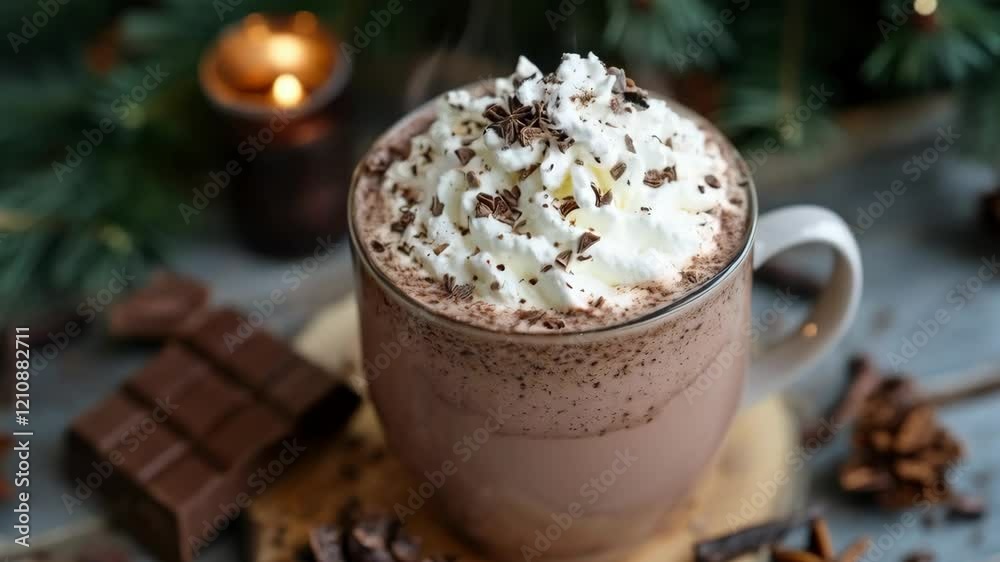 Hot chocolate with whipped cream by candlelight in cozy winter setting Hot chocolate with whipped cream by candlelight in cozy winter setting