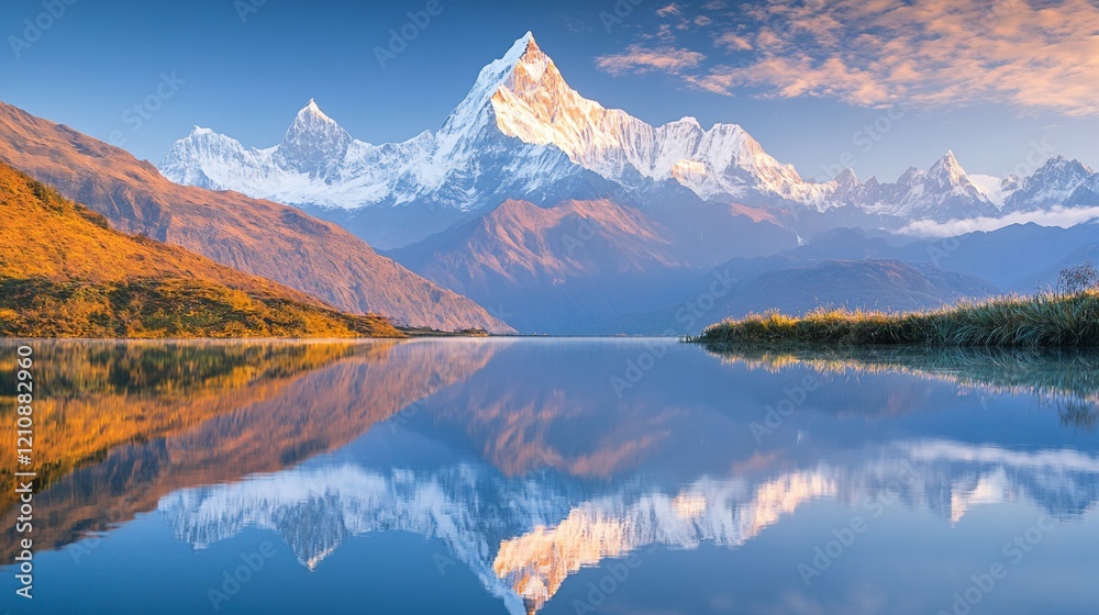 Fototapeta premium Majestic Himalayan sunrise reflected in tranquil lake