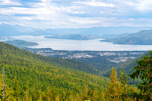 View from Schweitzer Mountain of the towns of Kootenai, Ponderay and Sandpoint, Idaho, along the shores of Lake Pend Oreille, in Sandpoint, Idaho.	