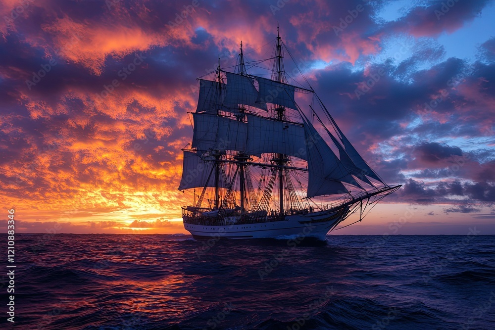 Fototapeta premium Majestic Tall Ship Sailing at Sunset Ocean