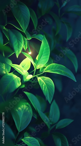 Close-up of vibrant green leaves with soft lighting, emphasizing natural texture and detail. photo