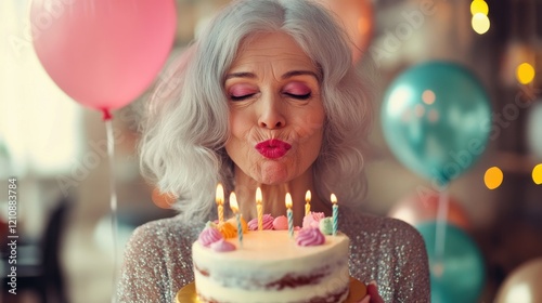 Pretty grey haired wrinkled woman keeps lips folded wears bright makeup holds delicious cake celebrates 102nd birthday going to blow candles and make wish holds inflated balloon. Party time concept photo