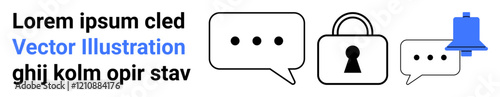 Speech bubbles with ellipses indicating conversation, a padlock symbolizing security, and a blue notification bell for alerts. Ideal for communication, security, notifications, messaging, alerts