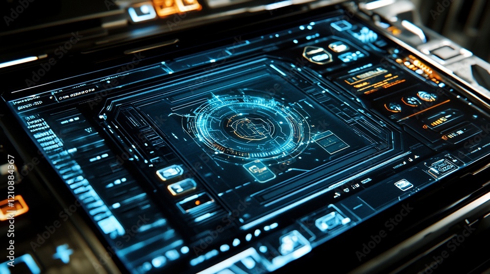 Obraz premium Futuristic interface screen activating, spaceship bridge, tech background