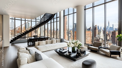 Luxury Manhattan penthouse living room, city view, modern stairs photo