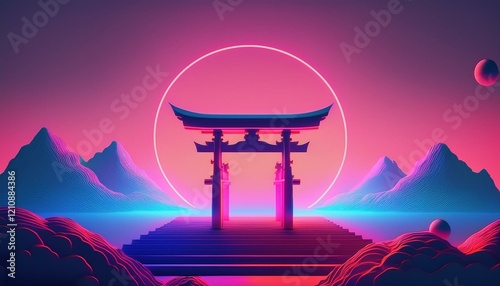 ネオンライトに輝く3D神社と日本の山々の幻想的な風景