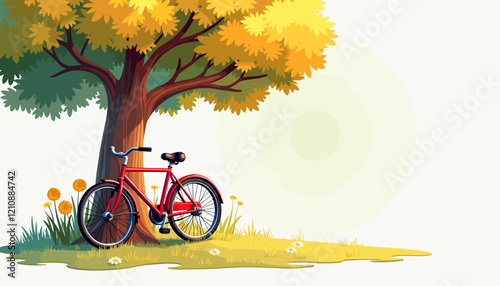 Red bicycle leaning against tree in sunny park