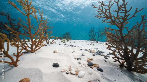 Seabed with white sand, shells, rocks and seaweed