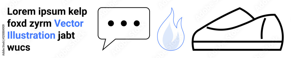 Text block in Lorum Ipsum, speech bubble with three dots, blue flame, outline of a sneaker. Ideal for digital communication, conversation, messaging, fire icon, sportswear, minimalism, web design Text block in Lorum Ipsum, speech bubble with three dots, blue flame, outline of a sneaker. Ideal for digital communication, conversation, messaging, fire icon, sportswear, minimalism, web design