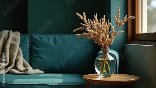 A glass vase brimming with dry, elegant pampas grass perches atop a wooden table, set against the tranquil backdrop of a teal couch photo
