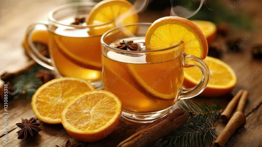 Steaming hot citrus tea cups surrounded by fresh oranges on rustic table Steaming hot citrus tea cups surrounded by fresh oranges on rustic table