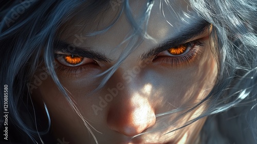 Close-up of a character with glowing orange eyes and silver hair, exuding intensity. photo