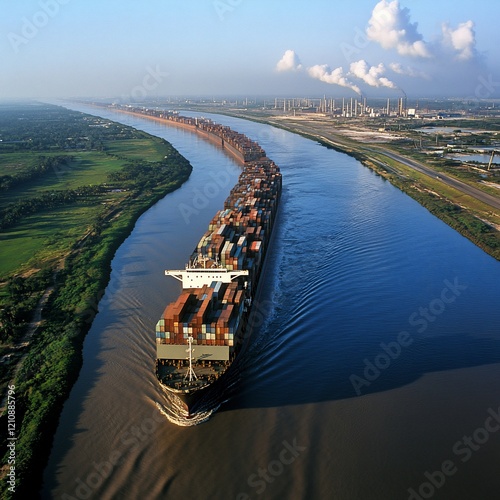 Container ship navigating river, industrial background, aerial view, import/export photo