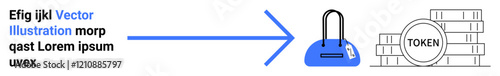 Blue arrow from digital wallet icon to stack of cryptocurrency tokens labeled TOKEN. Ideal for digital transactions, cryptocurrency exchanges, fintech apps, blockchain technology, e-wallet services