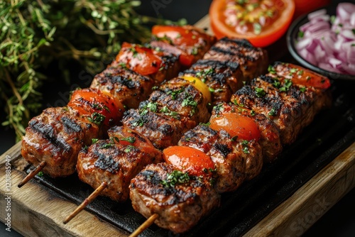 delicious souvlaki sizzling on a barbecue grill emitting mouthwatering aromas surrounded by vibrant mediterranean ingredients capturing the essence of summer outdoor dining photo