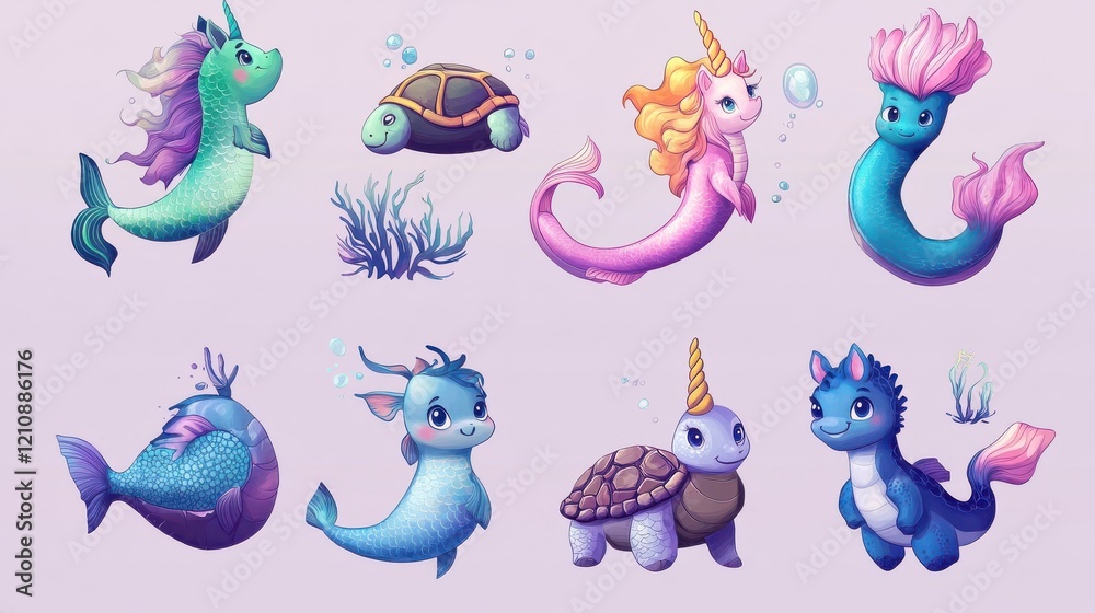 Obraz premium Sea cartoon unicorn. Mermaid character, fish and seahorse. Cartoon cat with mermaids tail, underwater turtle and creature. Mythical nowaday vector sea kit