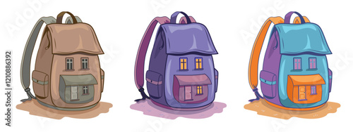 Set of three backpacks shaped like stylised houses, featuring windows and a front door. A metaphor for immigration and refugee, concept of carrying one's home while traveling.