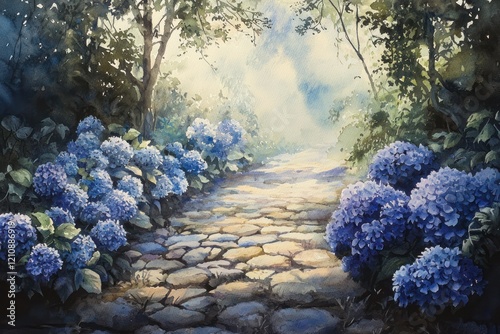 Detailed watercolor paintings cobblestone paths lined with hydrangeas and morning mist.