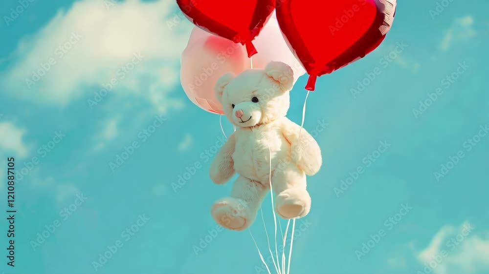 Plush teddy bear floats with pink heart-shaped balloons in the sky.