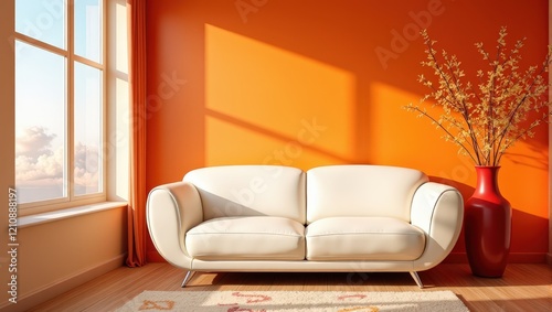 Indoor close-up of a plush white leather sofa against a vibrant orange wall. Below, a white rug with orange and yellow patterns rests on a wooden floor, adding warmth to the scene photo