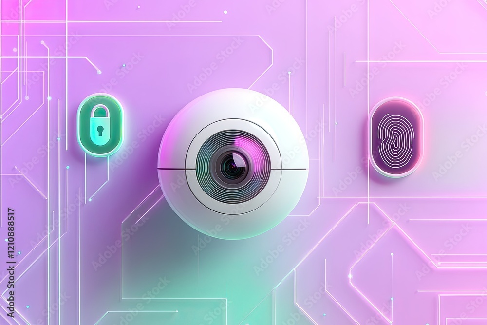 Obraz premium Cybersecurity system with camera fingerprint and lock
