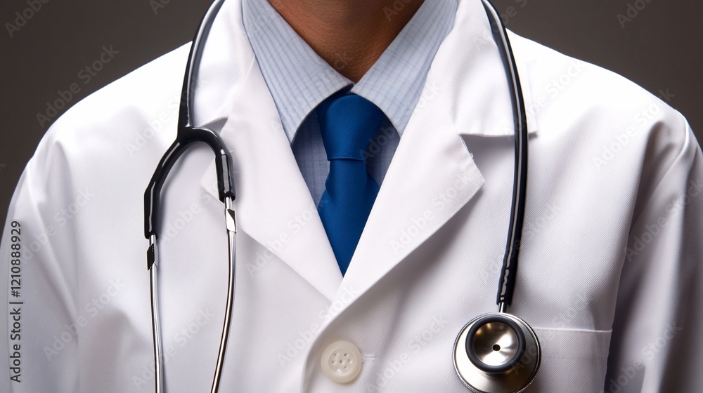Doctor's torso, stethoscope, studio shot, gray background, medical website