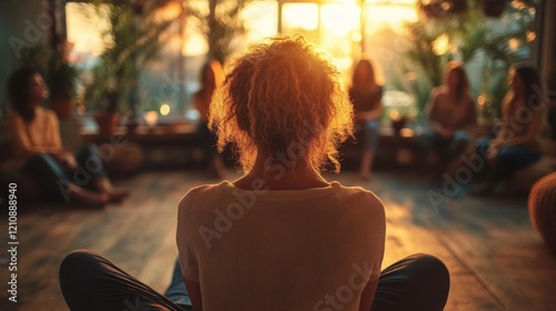 Back view of a blonde woman participating in a supportive group therapy session with diverse participants in a warm natural light environment