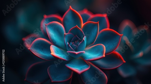 Vibrant succulent in focus, dark background, close-up photo