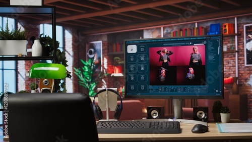 Computer in home office uses artificial intelligence generating images from basic text prompts. AI GPT generating photographs using computer vision and natural language processing, jib up shot photo