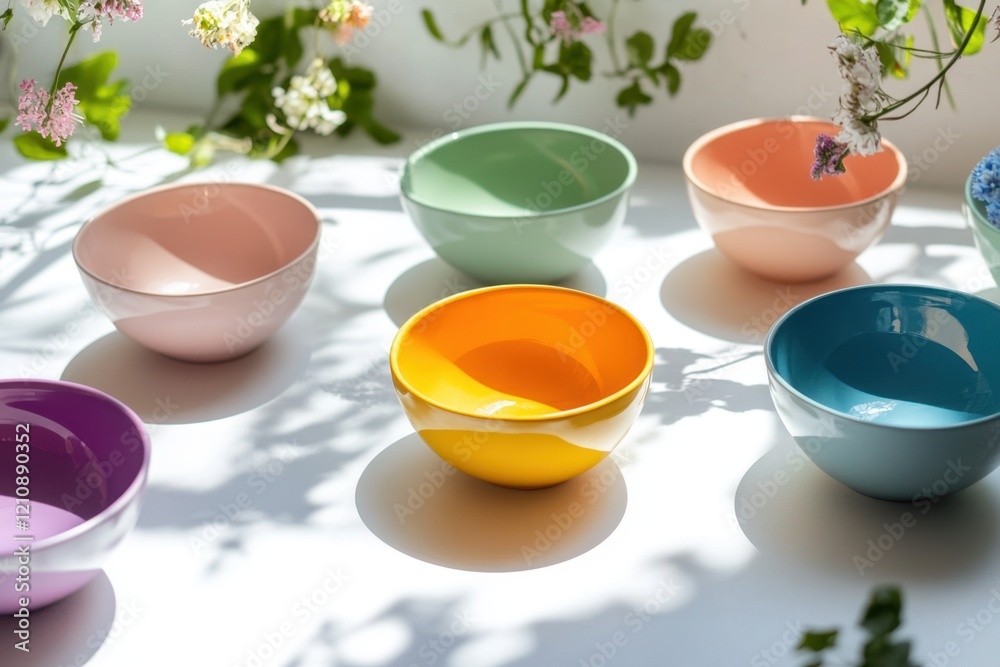 Colorful ceramic bowls on a white table, dappled by sunlight and greenery. Colorful ceramic bowls on a white table, dappled by sunlight and greenery.