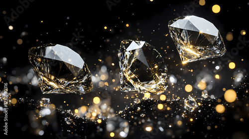 Three diamonds fall in black space, gold and silver glint in front, black background shines with white and gold accents. Diamond Falls. Illustration