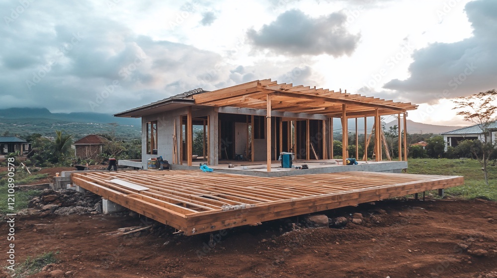 Tropical house construction, deck framing, sunset, mountain view, real estate Tropical house construction, deck framing, sunset, mountain view, real estate