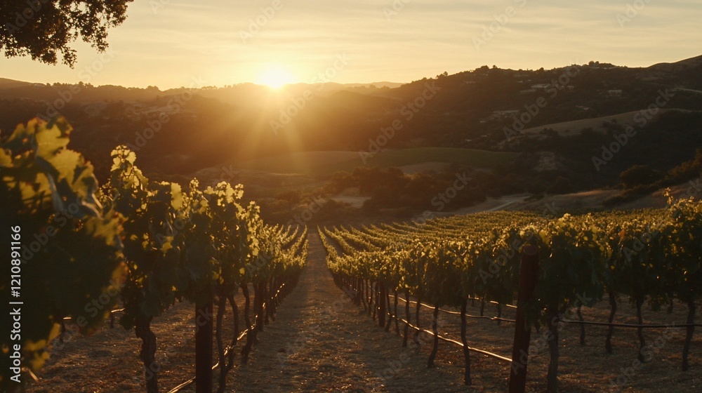 Obraz premium Vineyard sunset landscape, hills, golden hour, rows, agriculture, winemaking