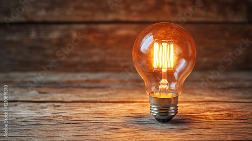 A warm, glowing light bulb on a rustic wooden surface in a dim, peaceful setting, creating a calming and quiet atmosphere.  photo