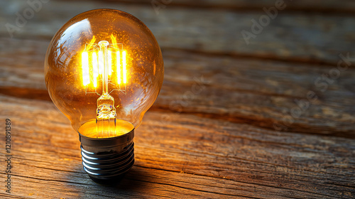 A warm, glowing light bulb on a rustic wooden surface in a dim, peaceful setting, creating a calming and quiet atmosphere.  photo