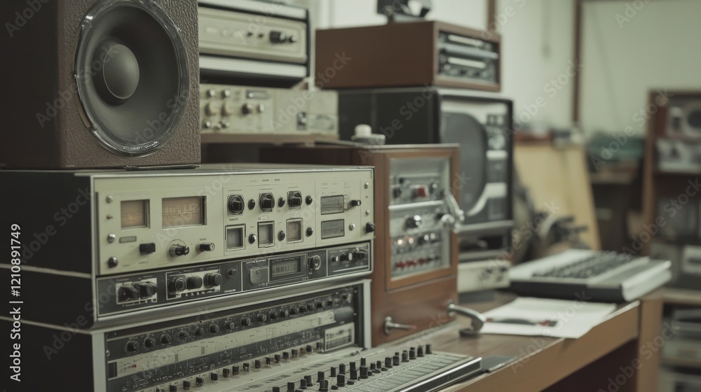 Obraz premium Vintage audio equipment and synthesizer on a table in a studio.