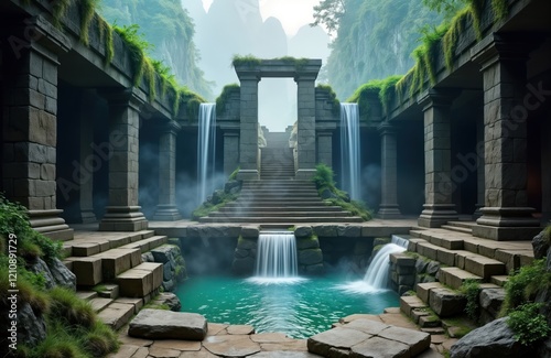Ancient ruins with waterfalls, stairs. Stone structures overgrown with plants. Waterfalls flow into pool of turquoise water. Mystical, mysterious atmosphere. Majestic architecture with hidden temple