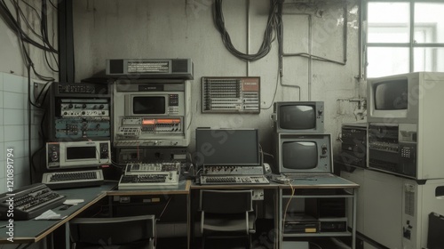 Obraz na płótnie Vintage computer room with old electronics and monitors. w salonie