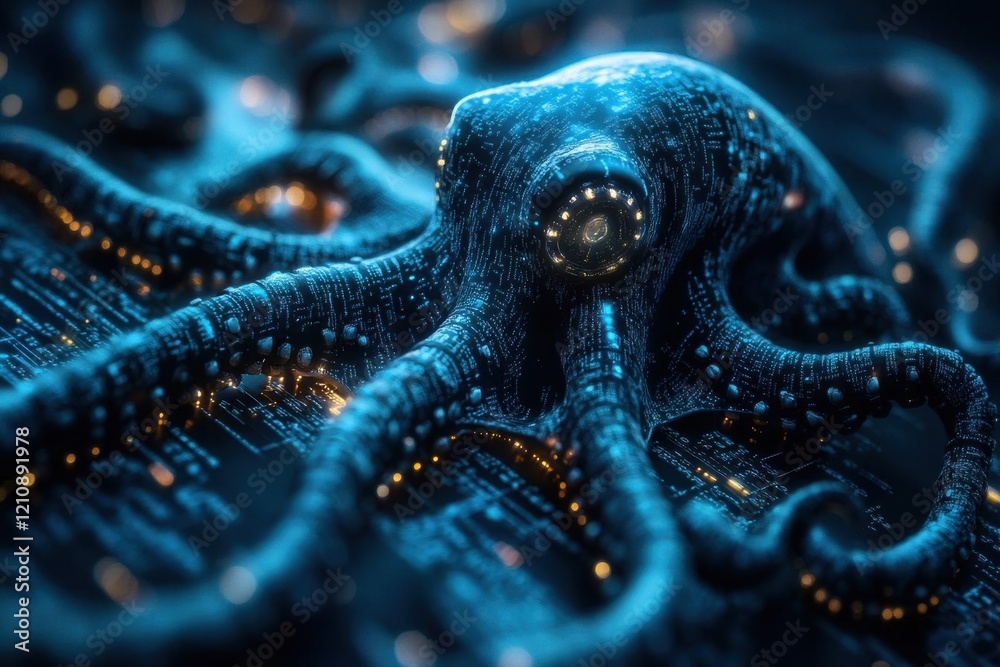 Obraz premium digital landscape of a computer virus depicted with sinister tentacles invading a matrix of cold blue code evoking a sense of technological danger and ominous expansion